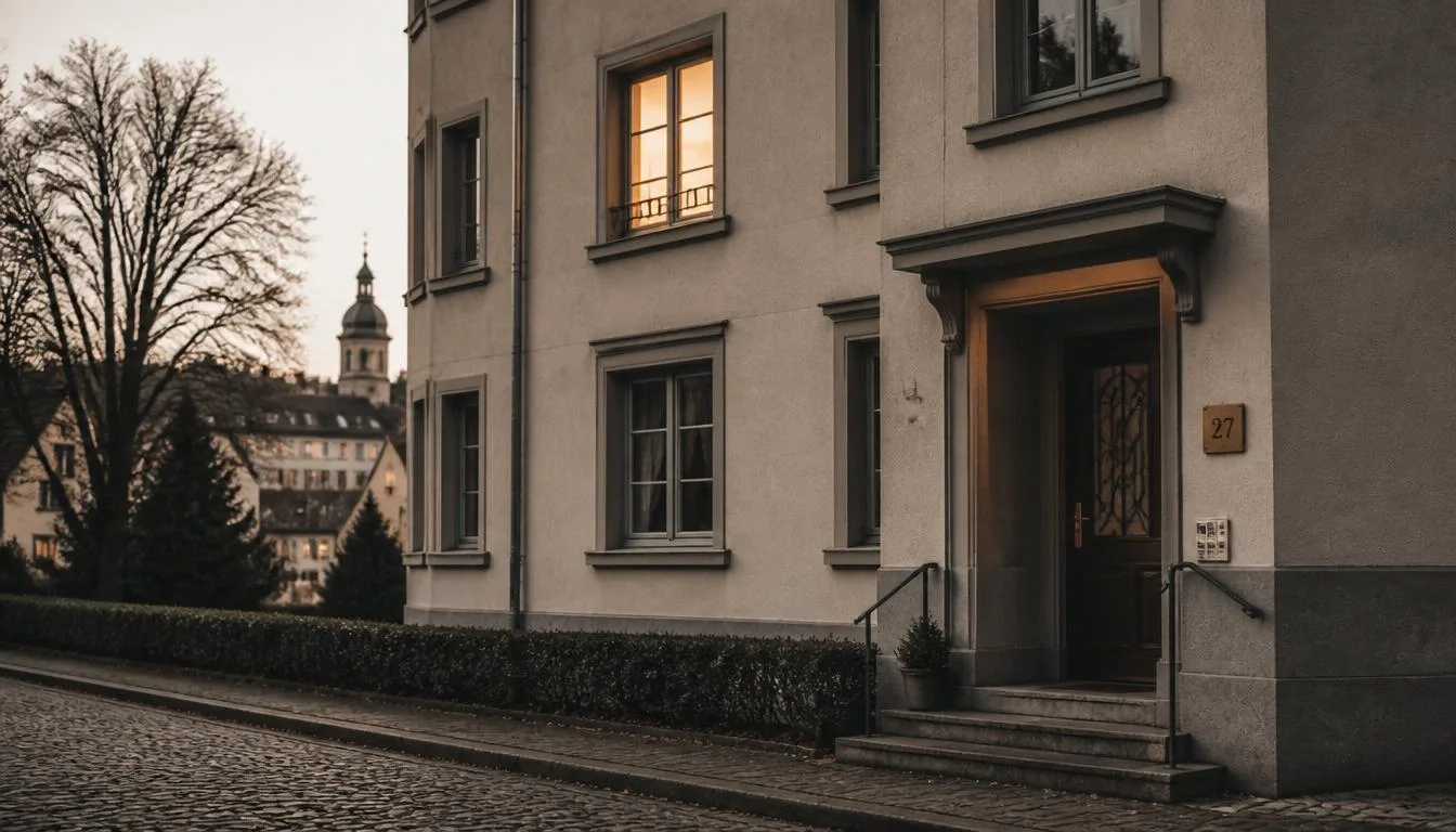 Eingang eines Schweizer Wohnhauses bei Dämmerung mit warm beleuchtetem Fenster