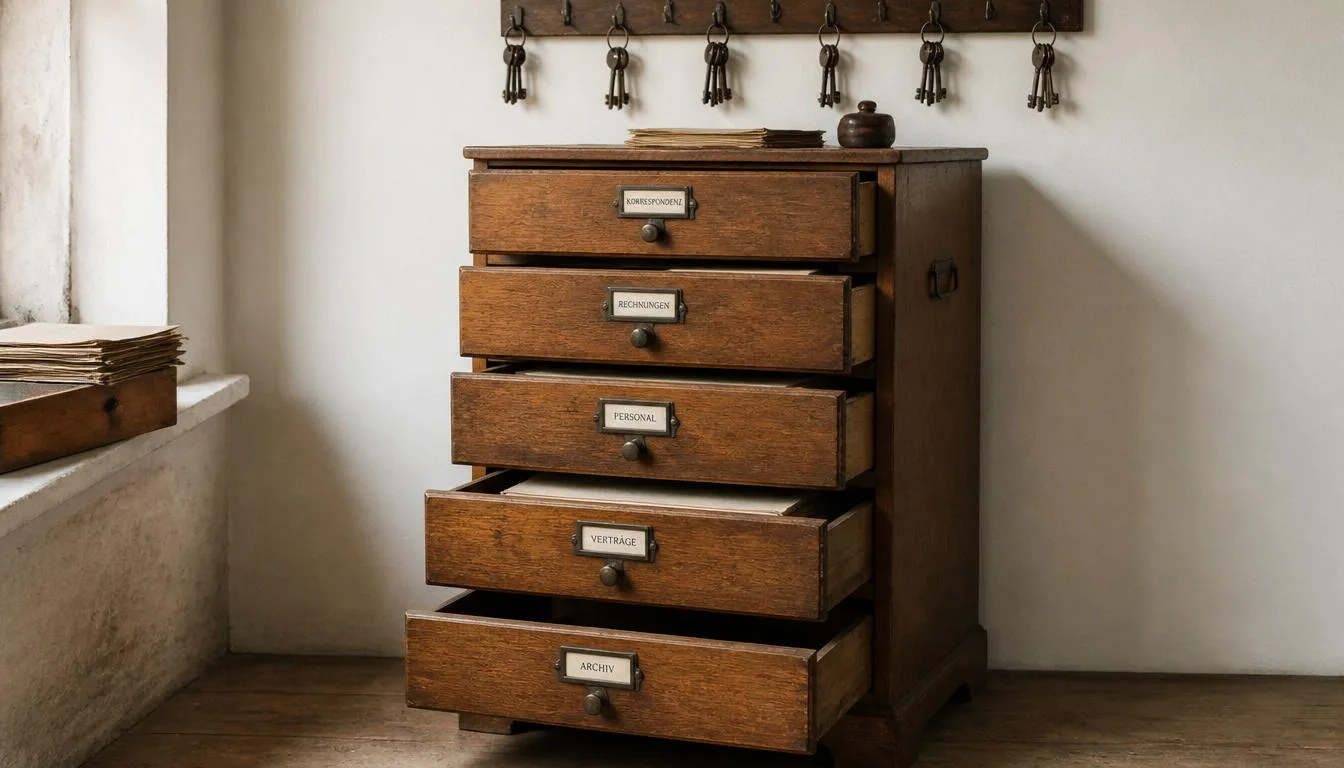 Hölzerner Aktenschrank mit beschrifteten Schubladen und Schlüsseln an Haken